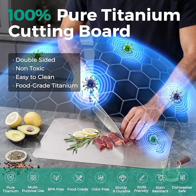 Katuchef Titanium Cutting Board - Upgraded 100% Pure Titanium Cutting Boards for Kitchen Non Toxic, Double-Grade Hygiene Durable Non Moldy Dishwasher Safe Meat Fruit Metal Board (3PC S+L+XL)