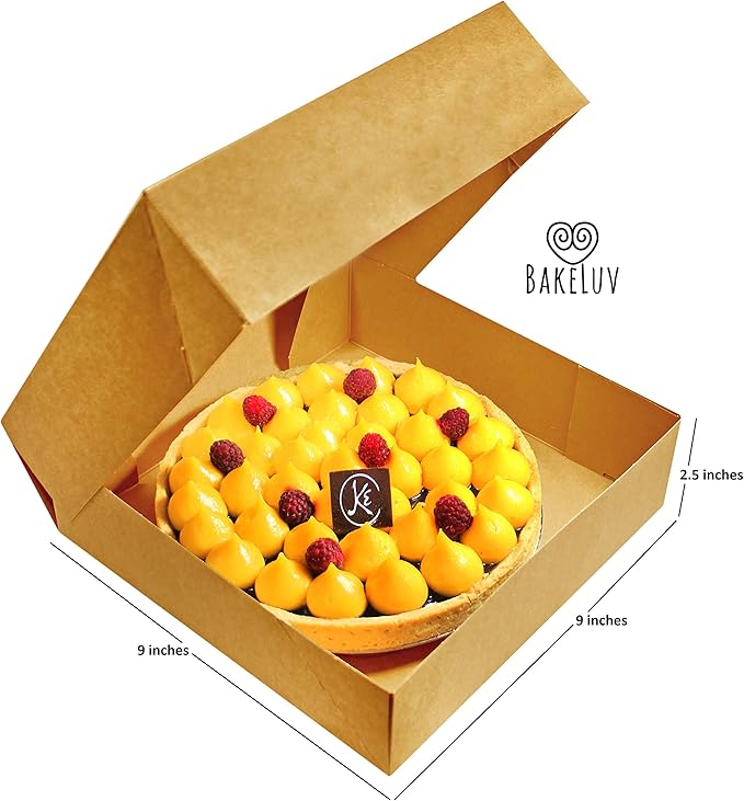 BAKELUV Pie Boxes for 9 Inch Pie | Brown, 50 Pack | 9x9x2.5 Bakery Box with Window, 9x9 Cookie Box, 9 Inch Pastry Boxes with Window Bulk, Cake Boxes, Auto Pop Up