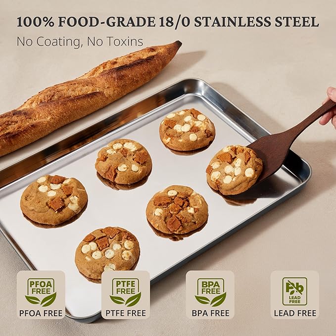 BRONYPRO Stainless Steel Baking Sheet Pan Set of 3, Cookie Sheets 9/12/16 In, Non-Toxic Uncoated Interior (PFOA & PTFE Free), Solid Warp-Resistant Cooking Trays for Oven & Toaster, Gray Exterior