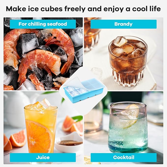 2 Pack Silicone Extra Large Ice Cube Tray - Ice Cube Molds with Lid Reusable & BPA Free, 8 Grids Silicone Large Square Ice Cube Trays Easy Release Ice Cube Tray for Iced Coffee, Cocktail, Whiskey