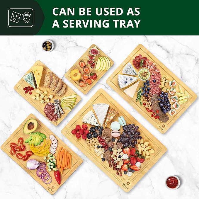 ROYAL CRAFT WOOD Wooden Cutting Boards for Kitchen Meal Prep & Serving - Bamboo Wood Serving Board Set with Deep Juice Groove Side Handles - Charcuterie & Chopping Butcher Block for Meat