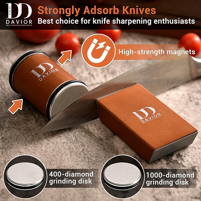 Davior Rolling Knife Sharpener Kit with Diamond Discs, 15° & 20° Multi Angle Magnetic Knife Sharpener Roller Tool for Kitchen and Pocket Knives, Finger Protector, Leather Strop & Carry Bag