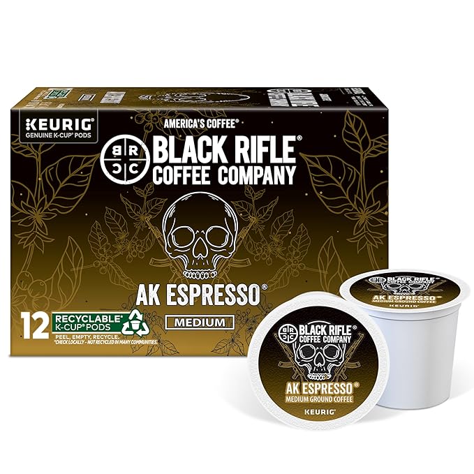 Black Rifle Coffee Company AK Espresso, 12 Count, Medium Roast K Cups - Single Serve K Cups Coffee Pods - Kcup Pods Compatible with Keurig 1.0 & 2.0 - Made from Arabica Beans