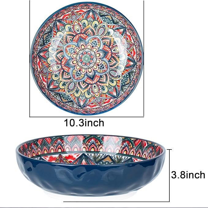 75 Oz Serving Bowls,Bohemian Style Large Porcelain Dishes for Entertaining Parties,Big Bowls for Eating Soup, Salad, Pasta, Fruit, Chips, 10.3 Inch Diameter (blue)