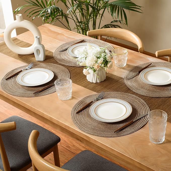 FunWheat Round Braided Placemats Set of 8 Place mats for Dining Tables Woven Heat Resistant Table Mats 15 inch for Fall (E Brown, 8pcs)