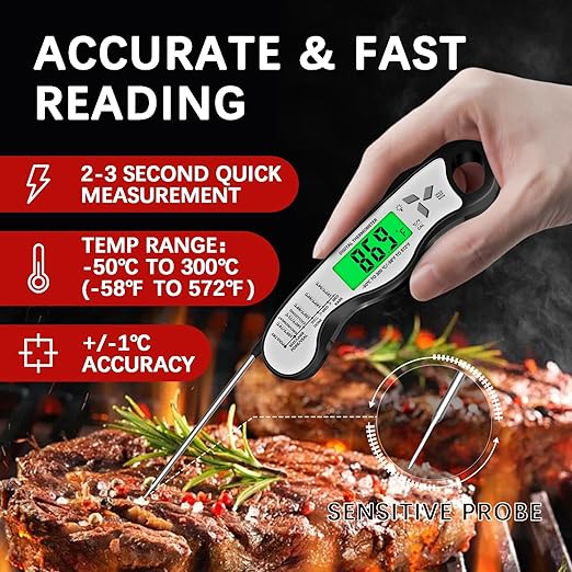 Meat Thermometer Digital，IP67 Waterproof Cooking Thermometer with Backlight, Calibration & Hold Function，Food Thermometer for Cooking,Outdoor Grilling，Suitable as Stocking Stuffers for Men