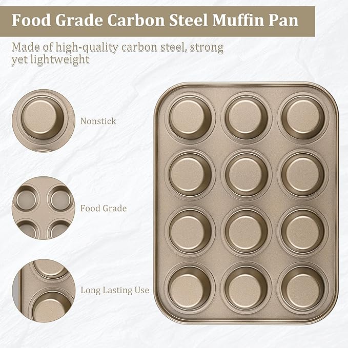 Mini Muffin Pan 2-Pack, Premium Small Cupcake Pans, Carbon Steel 12-Cup Muffin Tin, Versatile Non-Stick Bakeware