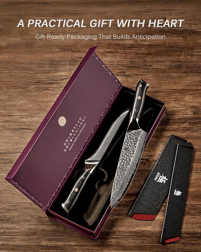 KYOKU Knife Set, 2pc Japanese Kitchen Knife Set for Cooking, 7" Boning 8" Chef Knife with Sheath Gift Box, Professional Sharp Damascus Stainless Steel Knives for Meat Vegetable