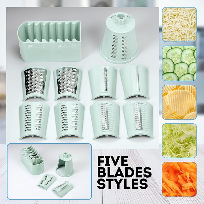 5 in1 Rotary Cheese Grater with Handle, Rotary Grater, Vegetable Slicer, Shredder, Carrot Grater, Nut Grinder, and Chocolate Shaver (Light Green)