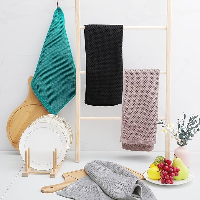 Homaxy 100% Cotton Waffle Weave Kitchen Dish Towels, Ultra Soft Absorbent Quick Drying Cleaning Towel, 13 x 28 Inches, 18-Pack, Black