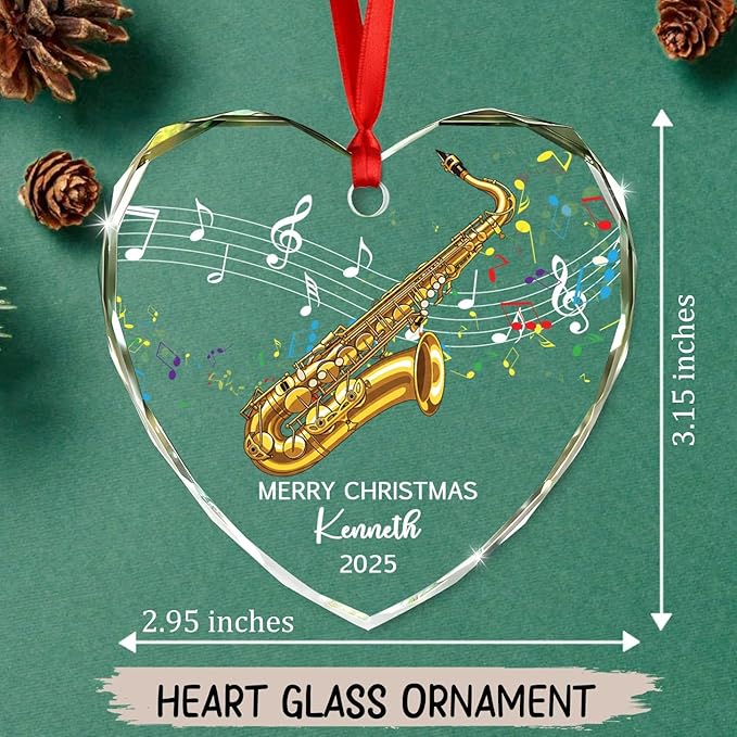 Personalized Text Year Name Saxophone Lover Glass Christmas Ornament 2025, Customized Saxophone Instrument Xmas Ornaments Gift for Brother Sister Dad Mom, Best Saxophonist Appreciation Glass Ornament