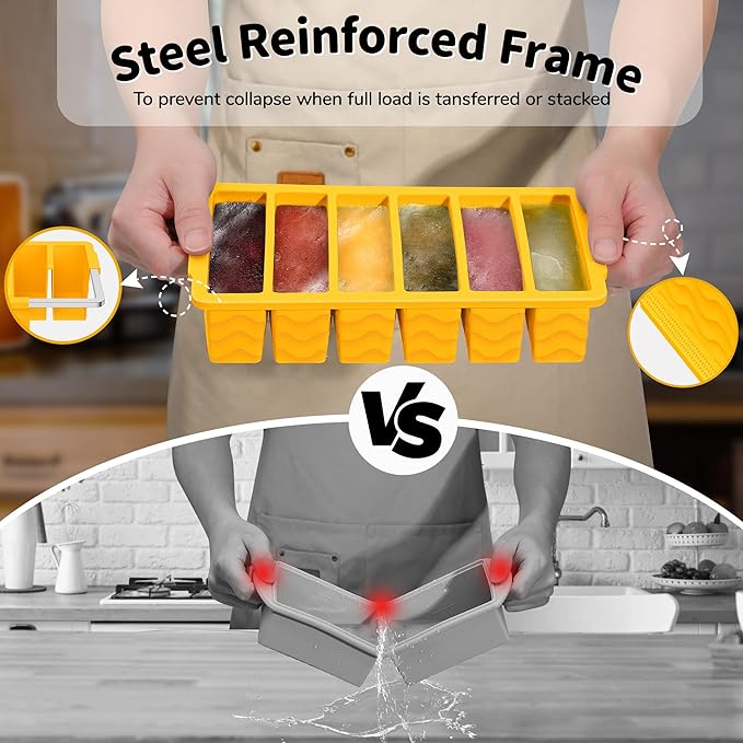 2-Pack Silicone Freezer Trays with Lid, 2 Large 2-Cup(500ml) & 6 Small 1/2-Cup(125ml) Soup Freezer Container Molds, Ice Cube Tray For Meal Prep & Freezing Soup, Stews, Sauces, Oven & Dishwasher-Safe