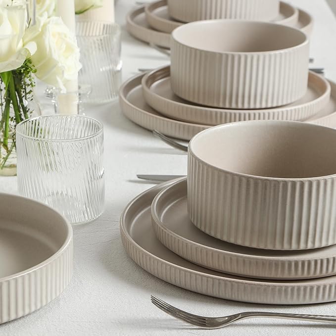 Stone Lain Haven Stoneware 32-Piece Dinnerware Set, Plates and Bowls Sets for 8, Dish Set, Includes Dinner and Salad Plates, Cereal Bowls, Glassware, Microwave & Dishwasher Safe, Beige