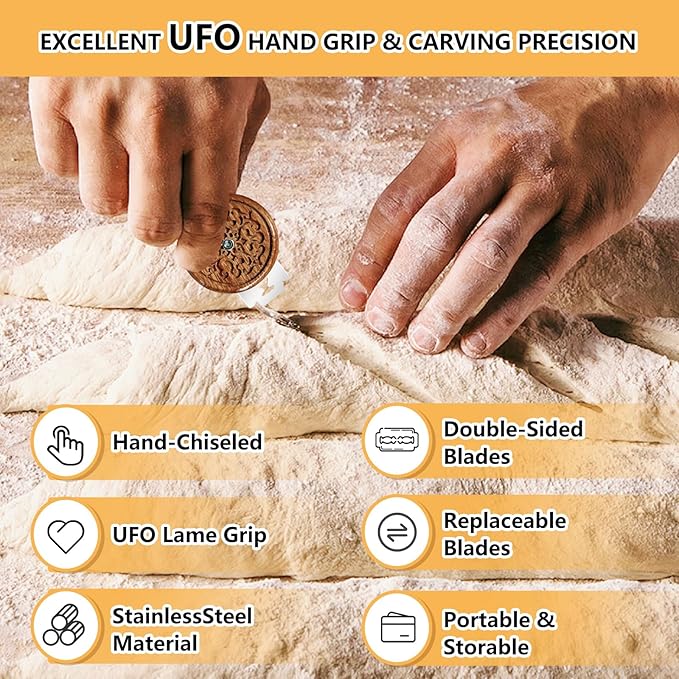 UFO Bread Lame Sourdough Scoring Tool Kit – Wooden Dough Scoring Tool, Replaceable Blades, Pouch, Cleaning Brush & Finger Guards | Perfect Baking Gifts for Sourdough Lovers