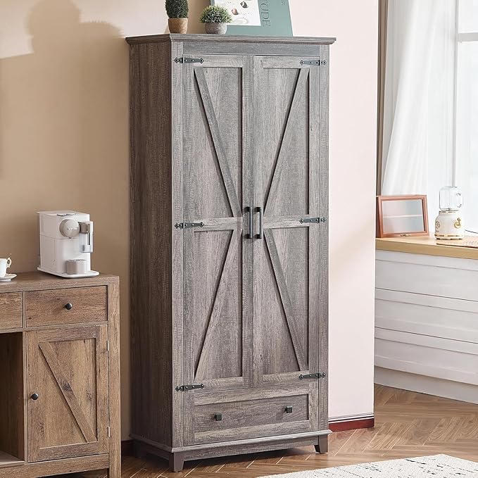 AMERLIFE 2 Pcs Farmhouse Kitchen Pantry Cabinet, 72" Tall Storage Cabinet with Adjustable Shelves & Barn Doors & Drawer, Freestanding Kitchen Cupboard for Dining Room, Living Room, Rustic Grey