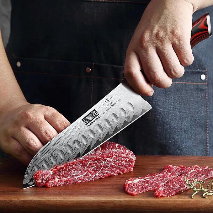HOSHANHO Damascus Santoku Knife, 7 Inch Professiona Kitchen Knife, Damascus Super Steel Ultra-Sharp Santoku Chef Knife with Ergonomic G10 Handle
