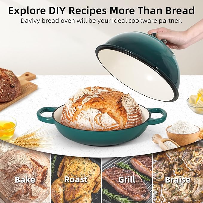 Davivy 5.5QT Dutch Oven for Sourdough Bread, Enameled Cast Iron Dutch Oven with Lid, 10" Round Sourdough Bread Oven, Bread Cloche for Bread Baking - Gradient Teal