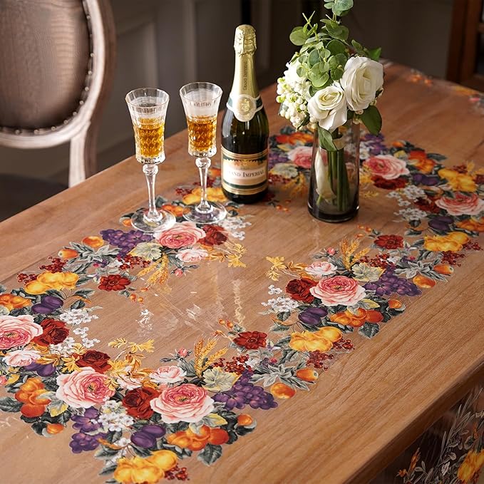 Clear Table Cover Protector Vinyl PVC Rectangle Table Cloth with Floral Fruit Pattern Oil Spill Proof Plastic Tablecloths for Dining Tables Parties Holidays (Floral Fruit, 55 x 104 Inches)