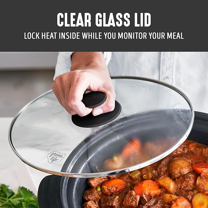 GreenLife 8QT Slow Cooker, Non-Toxic PFAS-Free Ceramic Nonstick Removable Interior Bowl, Programmable, Family Friendly, Keep Warm, Stovetop & Oven Safe, Dishwasher Safe Parts, Timer, Glass Lid, Black
