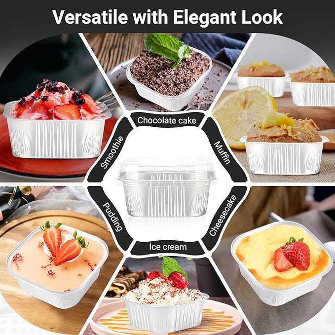 EUSOAR Disposable Ramekins with Lids, Silver 10oz 100pcs Creme Brulee Ramekins Disposable, Muffin Cups for Baking, Mini Cake loaf Bread Containers Pans Cups with Lids for Party Favor Birthday