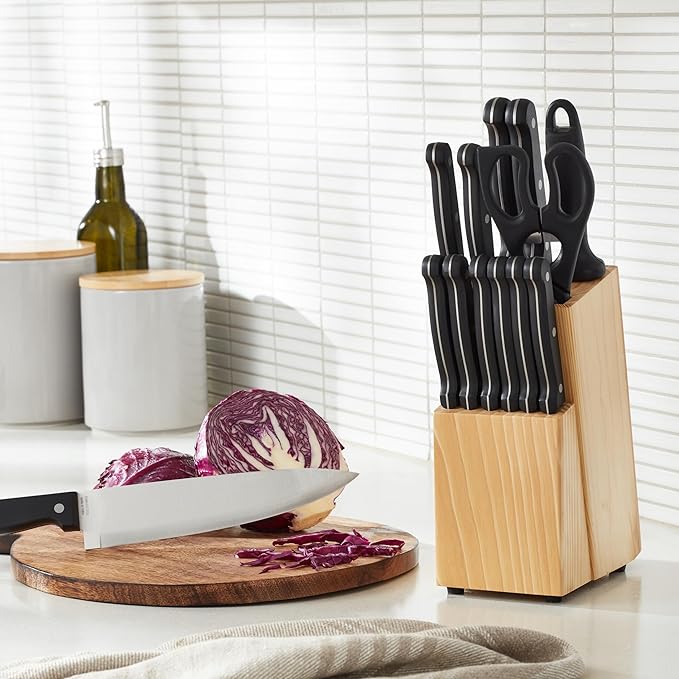 Amazon Basics 14-Piece High Carbon Stainless Steel Kitchen Knife Set with Sharpener and Pinewood Block, Black