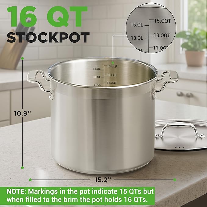 NutriChef 16-Quart Stainless Steel Stockpot - 18/8 Food Grade Heavy Duty Large Stock Pot for Stew, Simmering, Soup, Includes Lid, Dishwasher Safe, Works w/Induction, Ceramic & Halogen Cooktops