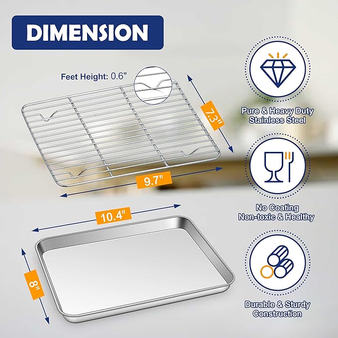 10.4 Inch Baking Sheet Pan with Rack Set, Joyfair Stainless Steel Toaster Oven Pans Tray & Cooling Racks for Cookie/Jelly Roll/Bacon/Meat, Commercial Metal & Rust-free, Dishwasher Safe
