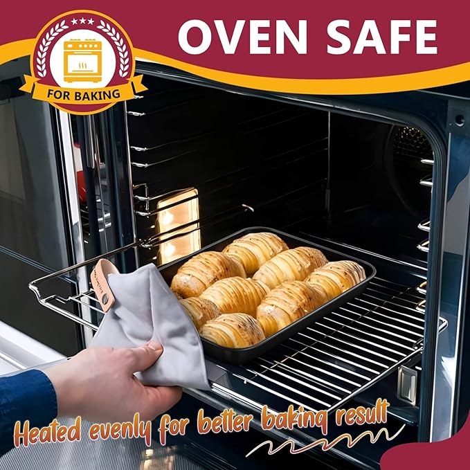 P&P CHEF 10.5 Inch Baking Cookie Sheet Pan, Carbon Steel Oven Tray, Non Stick Bakeware for Cooking Baking Bread Meat Vegetables, Sturdy & Healthy, Easy Clean, 1Pc