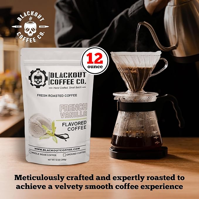 Blackout Coffee French Vanilla Flavored Ground Coffee – Smooth Taste, Guilt-Free Indulgence – Freshly Roasted 12oz Pouch, American Made