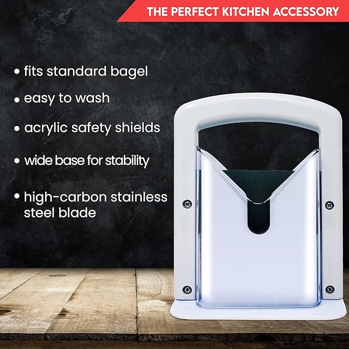 Slyce - Bagel Slicer, Bagel Cutter with Safety Shield and Safe Grip, Bagel Holder for Cutting Large and Small Bagels, Stainless Steel Blade (White)