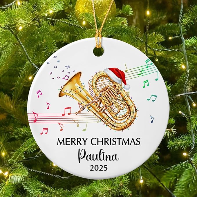 Tuba Musical Instrument Ceramic Ornament, Customized Year Text Name Tubist Tubaist Christmas Ornaments Gift for Women Men Husband Wife Dad Mom Tuba Player, Personalized Tubas Xmas Instrument Ornament