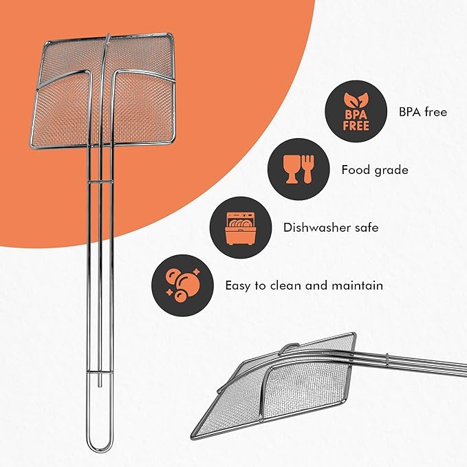 Wire Mesh Strainer with Long Handle | 4-Pack | 6.5" Square Frying Spoon | Cooking Oil Strainer for Deep Fryer & Professional Restaurant Use | Commercial Grease Skimmer