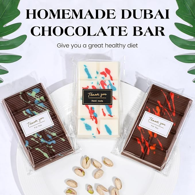 2 Pcs Chocolate Bar Mold Deep Dubai 0.85 Inch Stuffed Large Chocolate Molds Silicone Break Apart Thick Silicone Molds for Candy Bar, With 100 Pcs Wrappers and 1 Pc Scrapers Set (8 Snap）