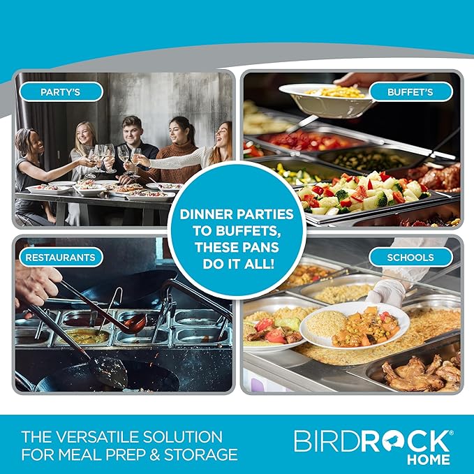 BIRDROCK HOME Stainless Steel Steam Table Pan - Hotel, Restaurant & Catering Supplies - 24 Gauge Steel, 4.3 qt Capacity - Meal Prep, Cooking, & Food Storage Container - 6" Depth, 1/4-Size (6 Pack)