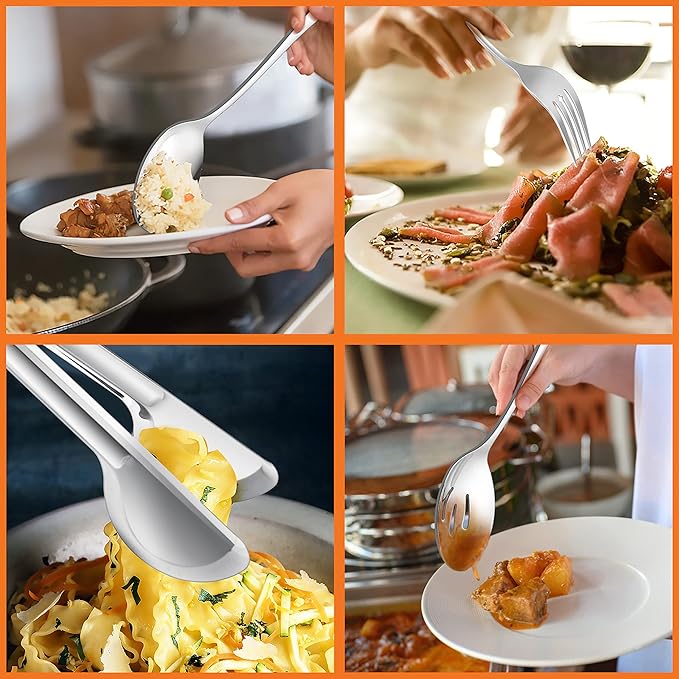 E-far Large Serving Utensils Set of 8, Stainless Steel 9.8 Inch Serving Spoons Slotted Spoon, 9.9 Inch Serving Fork, 9.4 Inch Serving Tong for Buffet Catering Banquet, Mirror Finish & Dishwasher Safe