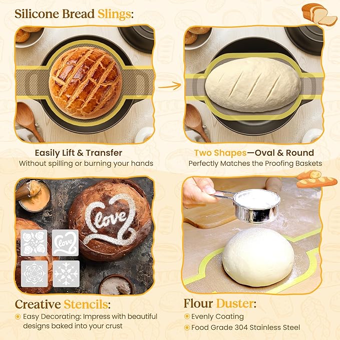 Sourdough Starter Kit with Cotton Rope Banneton Basket & Jar, Bread Baking Supplies and Tools Set, Complete Sourdough Bread Making Kit, Baking Gift for Women Moms & Beginners