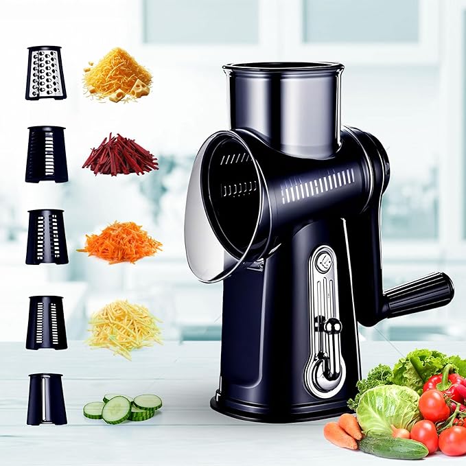 Chef Power Premium Quality 5 in 1 Cheese Grater Hand Crank - Stainless Steel Rotary Cheese Grater for Effortless Grating - Durable and Ergonomic Design for Professional and Home Use (Violet)