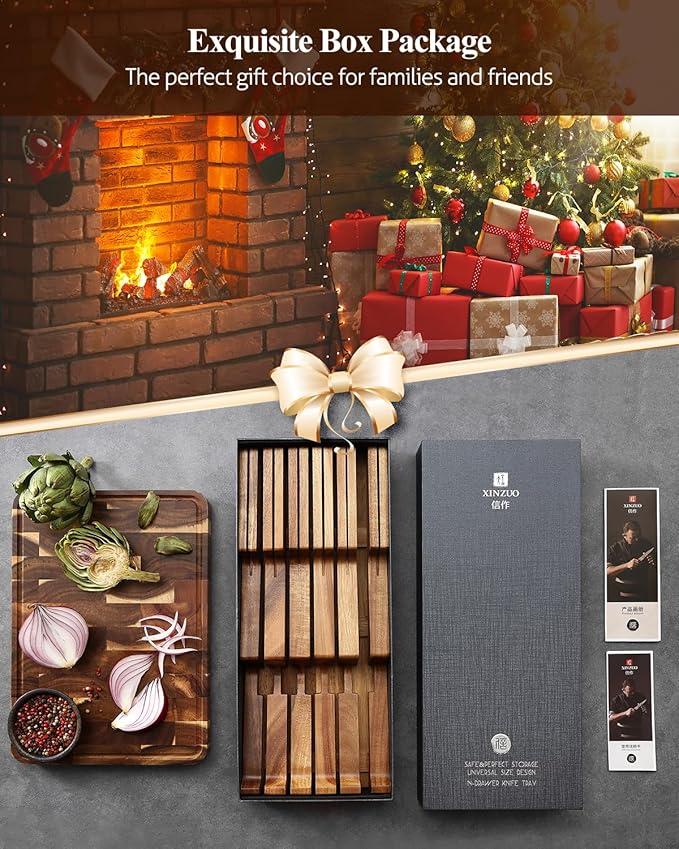 XINZUO In-drawer Knife Block, Natural Acacia Knife Drawer Oganizer, Insert-Kitchen Storage Holder, 11 Slots, Holds up to 11 Various Size Knives, Countertop Saving&Knife Protective