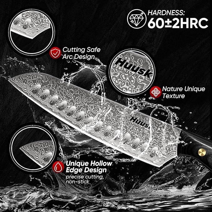 Huusk Damascus Chef Knife Set - 3 PCS VG10 Santoku & Utility Knives with Ebony Handles, Paring Knife for Meat, Fruit, Vegetables - Dad Mom Gift
