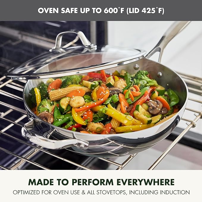 GreenPan Valencia Tri-Ply Stainless Steel 12" Wok Pan with Lid, Induction Ready Skillet, Mirror Finish, Dishwasher Safe & Oven/Broiler Safe to 600F, Compatible with All Cooktops, Silver