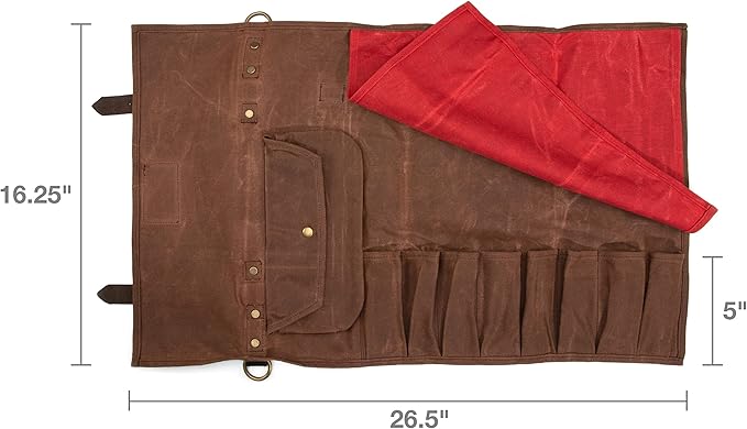 Dickies Chef Knife Roll Bag Portable Organizer and Cutlery Storage Roll, Waxed Canvas and Leather, Medium