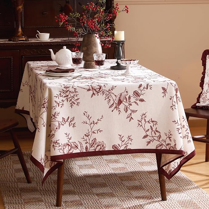 ISAENNE Designer Vintage Linen Square Tablecloth,Red Floral Pattern Linen Stain Resistant Table Cloth,Decor Tablecloths for Dining Thanksgiving Kitchen Christmas Party,67"*67"-Harmony