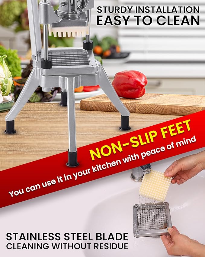 French Fry Cutter Commercial Potato Chopper Stainless Steel Vegetable Dicer Fruit Slicer for Onion,Cabbage,Carrots,Potato,Mushroom,with 4 Blades(1/4",3/8",1/2",8 wedge slice)