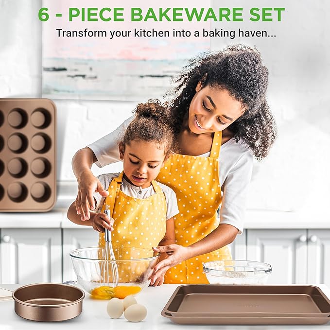 NutriChef 6-Piece Nonstick Bakeware Set, Carbon Steel Baking Pans Set, Includes Cookie Sheets, Wide & Square Bake Pans, Bread Loaf & Round Cake Pan, Muffin Pan - Gold