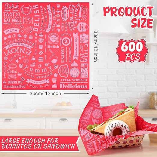 Outus 600 Pcs 12 x 12 Inch Deli Wax Paper Sheets Grease Resistant Tray Basket Liners Newsprint Paper Water and Grease Proof Sandwich Wrapping Square Hot Dog Wrappers for Food Baking (Red)