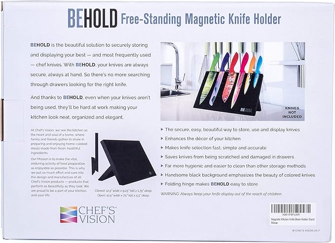 Chef’s Vision Magnetic Knife Block - Black - Stylish Kitchen Magnetic Knife Holder - Elegant Free Standing Knife Display - Ideal for Colorful Knives - Sleek Kitchen Décor - Knife Block without knives
