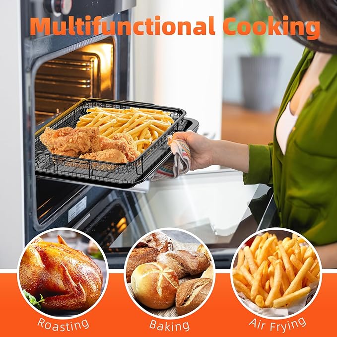 Air Fryer Pans for Oven, Oven Air Fryer Basket and Tray with 30 PCS Parchment Papers, DEGOVIN Crisper Tray Non-stick Stainless Steel Air Fry Pans for Convection Oven(15.8" × 11"-Black)