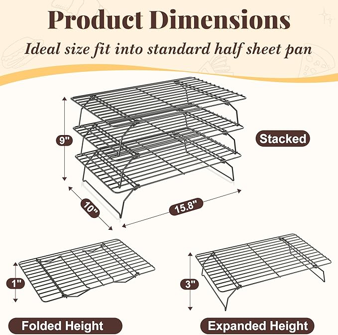 Cooling Racks for Cooking and Baking - 3 Tier Stackable Grid Wire Baking Rack for Oven Cooking, Baking, Grilling, Roasting - Dishwasher Safe Bacon Rack - Black