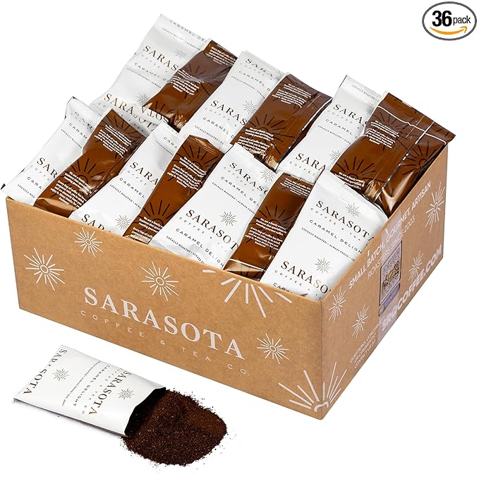 Sarasota Coffee Ground Packets | Gourmet Flavored Medium Roast Bulk Coffee Packs | Salted Caramel | Low Acid Mold Free Singles Individual Pouches for 12 Cups Maker | 2.5 Ounce Bags, 36 Count