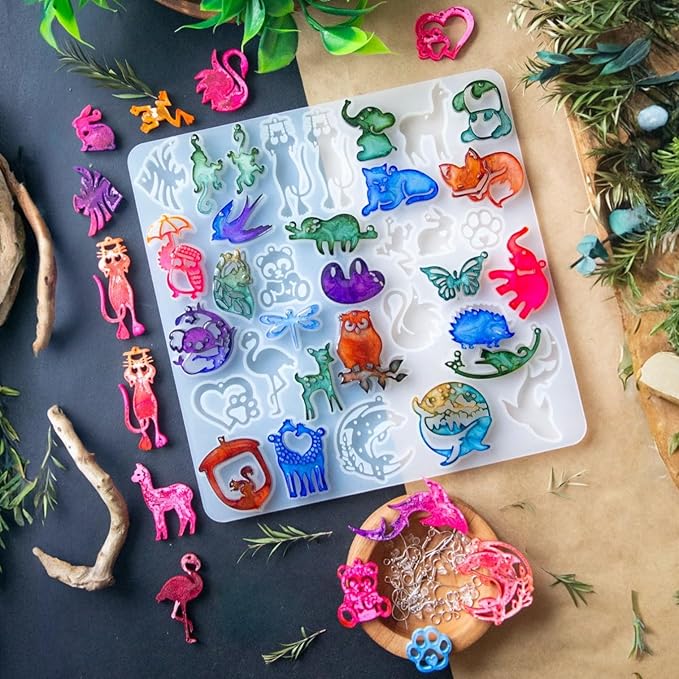 Keychain Resin Molds Silicon Animals 34pcs UV Resin Mold, Epoxy Resin Molds for Keychain Pendant Molds for Epoxy Resin Earring Mold, Earrings, Necklace